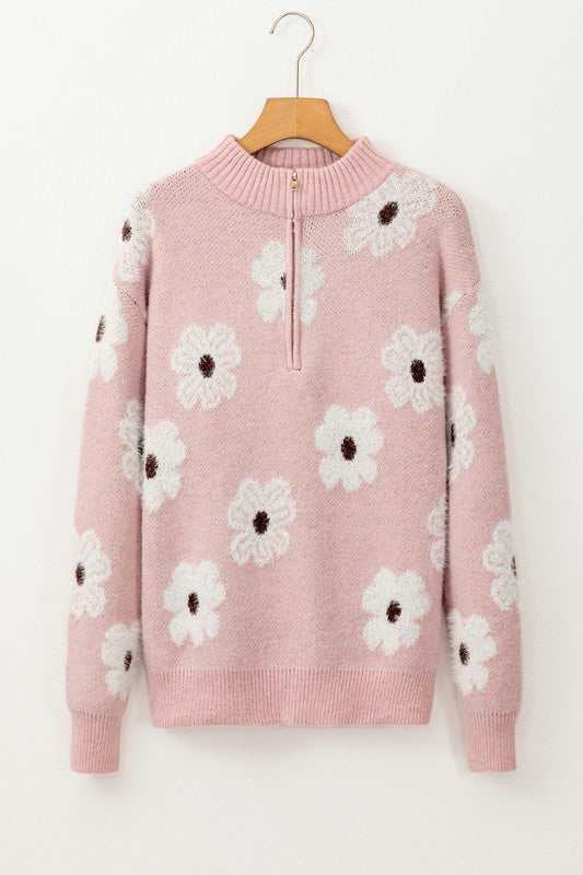 Amelia® | Vintage 60s floral pattern sweater with half zip collar