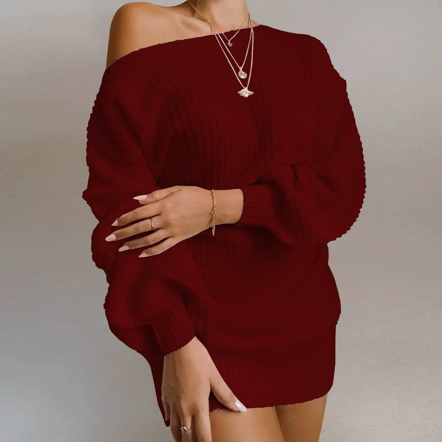 Women’s Sweater Dress – Wool Knit – Off-Shoulder – Ribbed – Lantern Sleeve – Mini Length