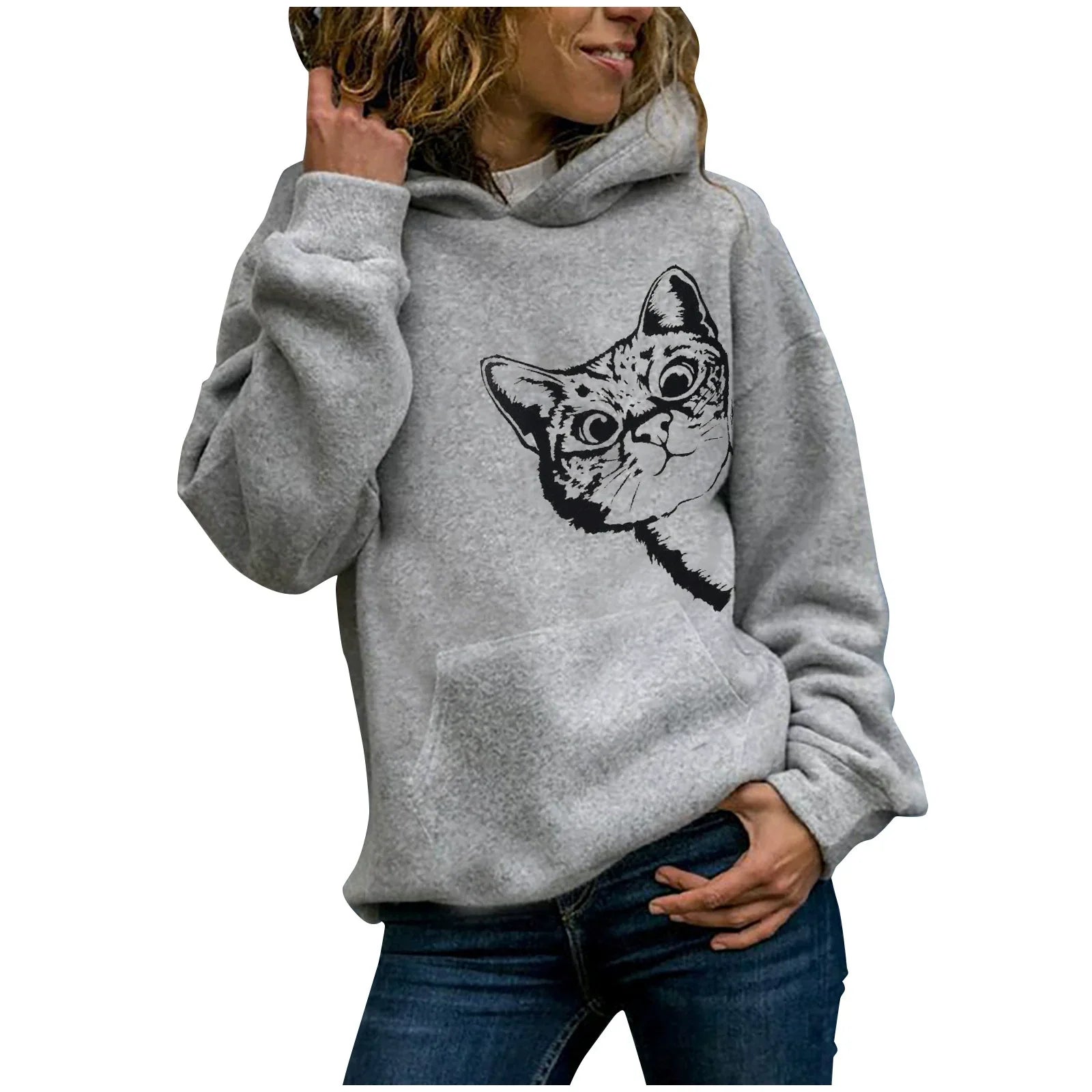 Women’s Hooded Sweatshirt – Oversized Fit – Cotton Plush – Cat Graphic – Casual Wear