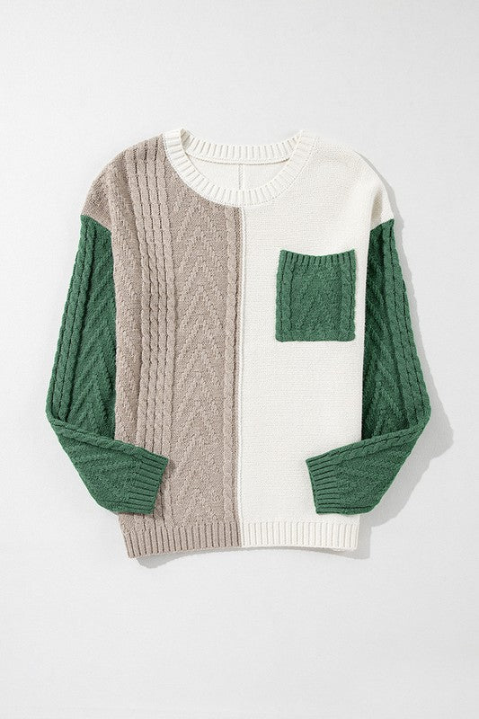 Antonia® | Women's color block sweater with patch pockets on the shoulder