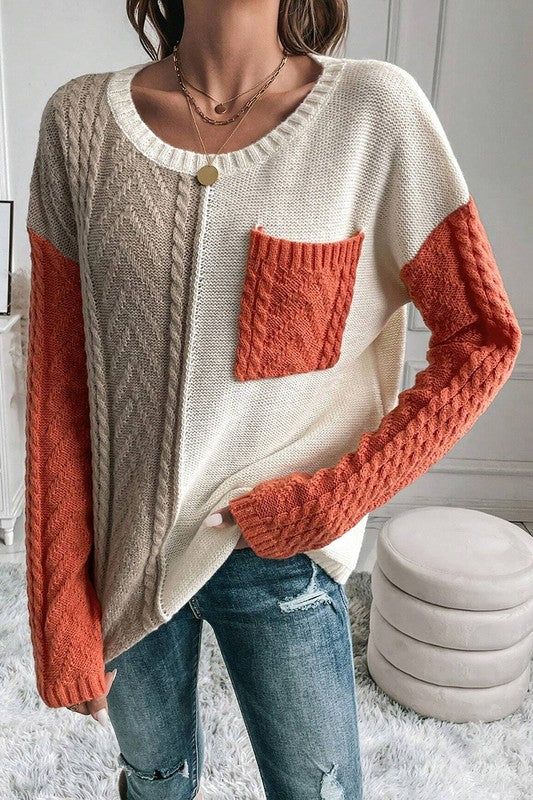 Antonia® | Women's color block sweater with patch pockets on the shoulder