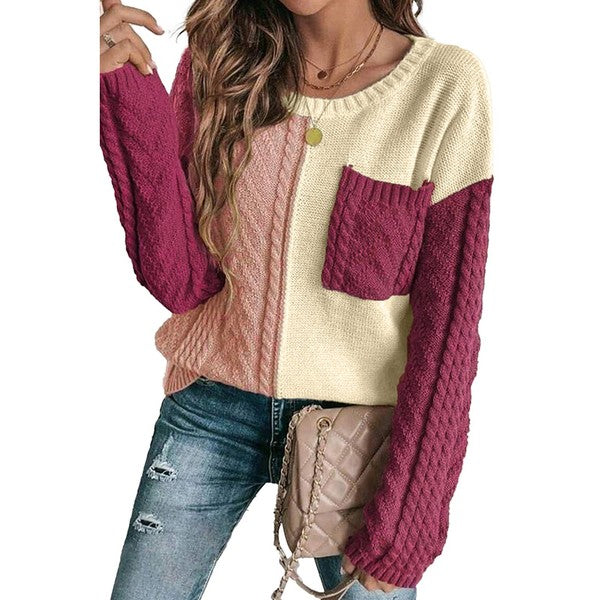 Antonia® | Women's color block sweater with patch pockets on the shoulder