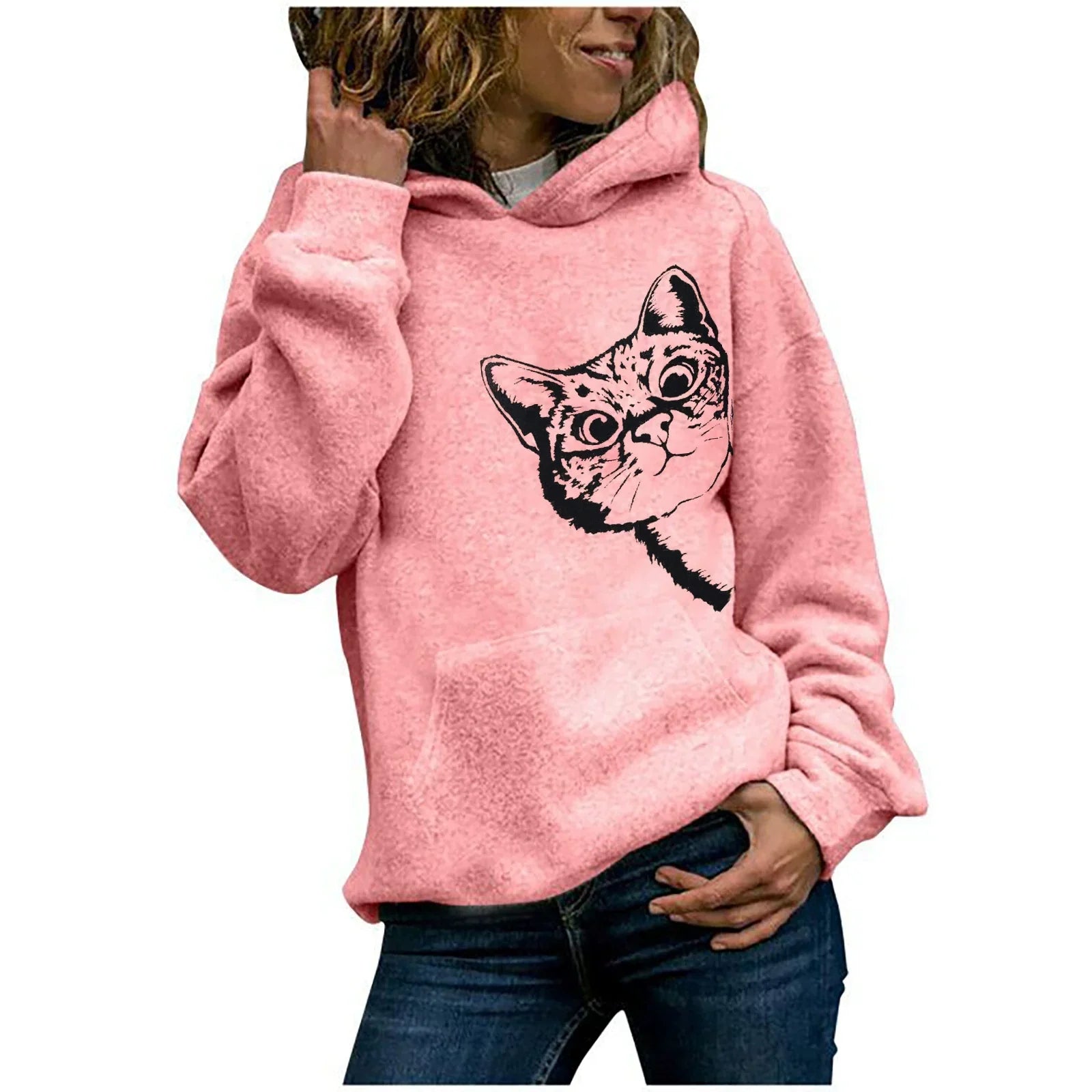 Women’s Hooded Sweatshirt – Oversized Fit – Cotton Plush – Cat Graphic – Casual Wear