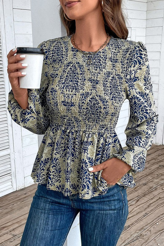 Celeste® | Blouse with a smocked peplum and balloon sleeves in a boho style