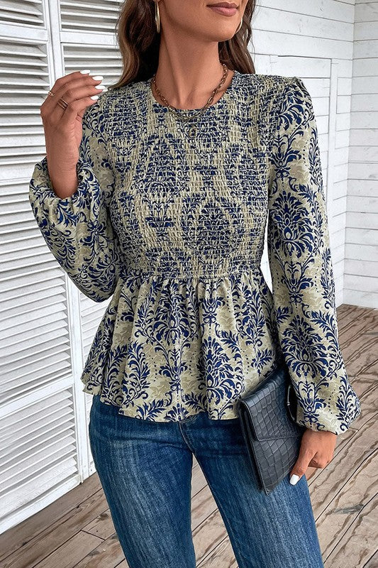 Celeste® | Blouse with a smocked peplum and balloon sleeves in a boho style