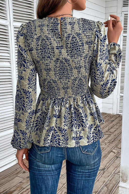 Celeste® | Blouse with a smocked peplum and balloon sleeves in a boho style