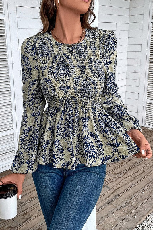 Celeste® | Blouse with a smocked peplum and balloon sleeves in a boho style