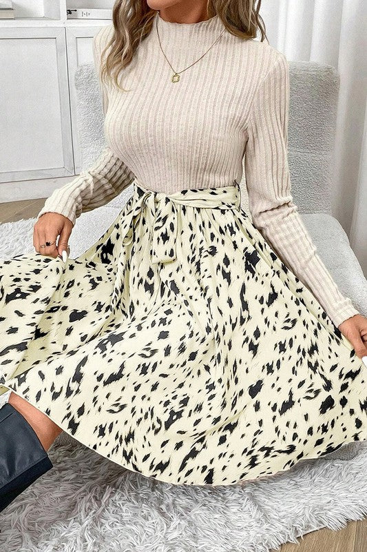 Cintia® | Women's Knit Patchwork Printed A-Line Dress with Belt