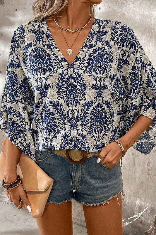 Diana® | Women's Quarter Sleeve V Neck Floral Tree Blouse