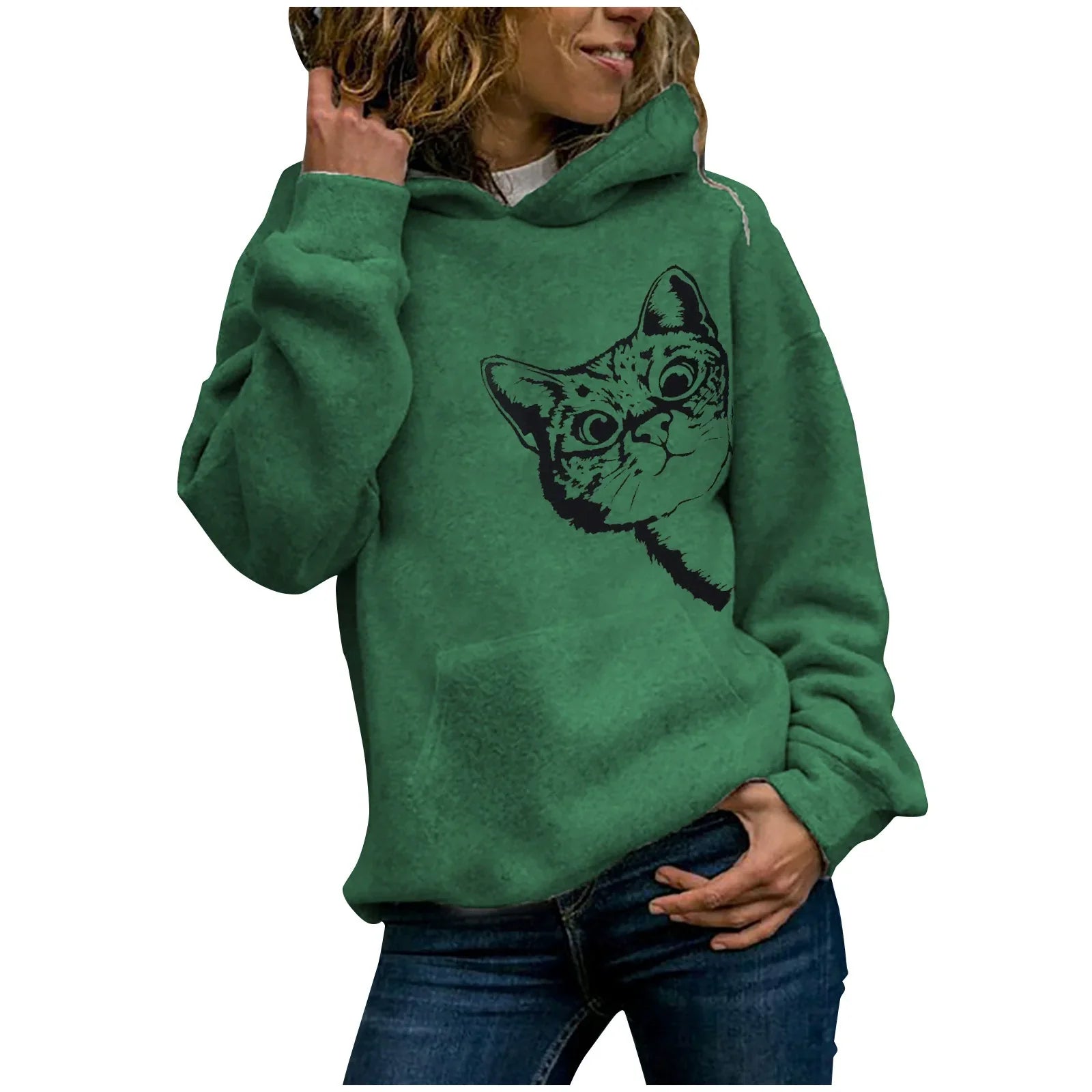 Women’s Hooded Sweatshirt – Oversized Fit – Cotton Plush – Cat Graphic – Casual Wear