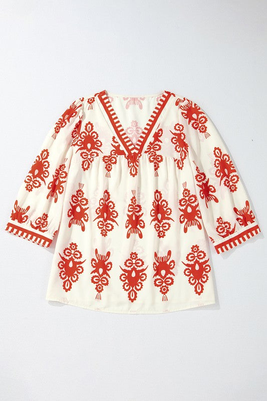 Cassia® | Geometric printed women's blouse with 3/4 sleeves and V-neck