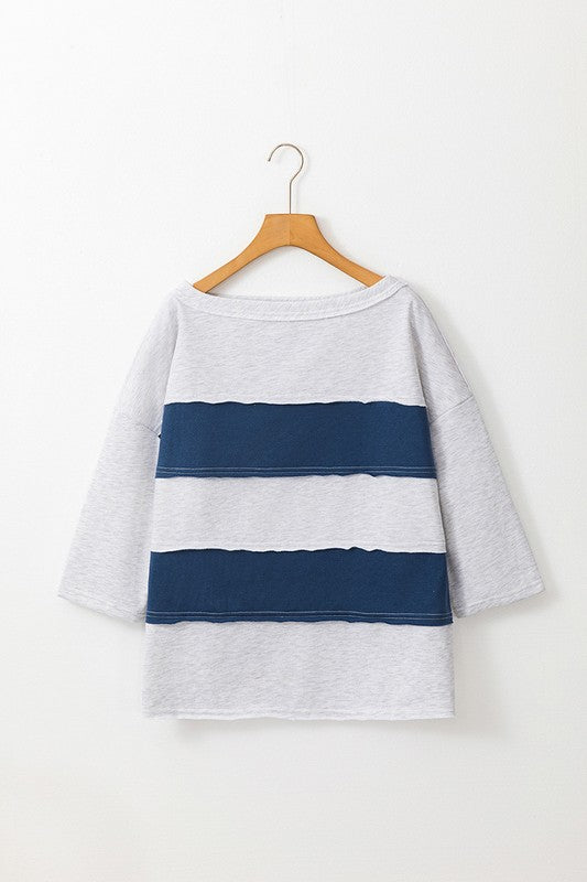 Celeste® | Striped patchwork sweatshirt with 3/4 sleeves and raw seams