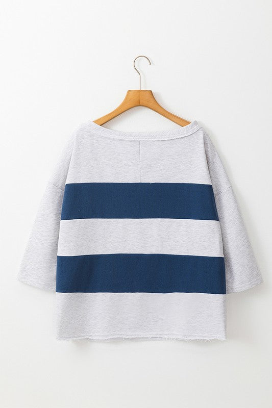 Celeste® | Striped patchwork sweatshirt with 3/4 sleeves and raw seams
