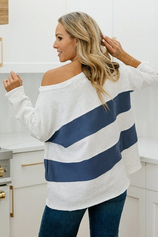 Celeste® | Striped patchwork sweatshirt with 3/4 sleeves and raw seams