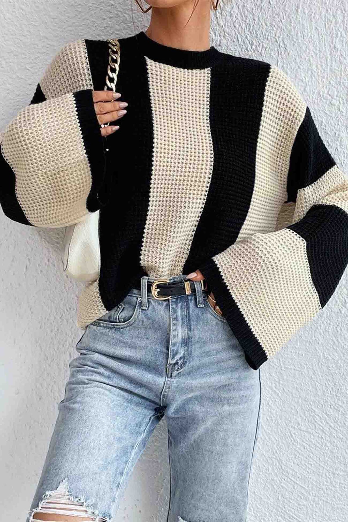 Cornelia® | Colorblock striped long sleeve knit sweater