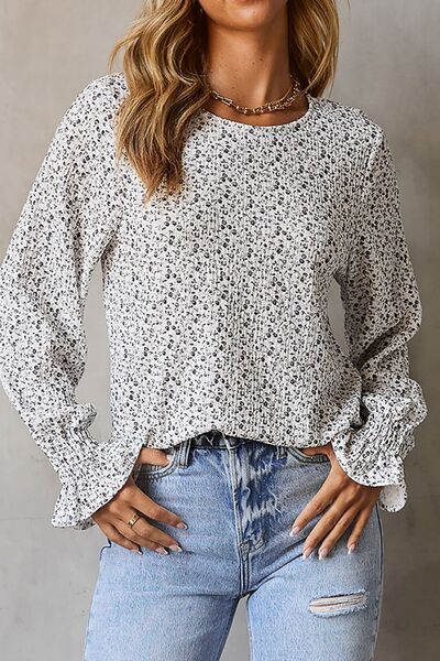 Clara® | Printed blouse with flounced sleeves and a round neckline