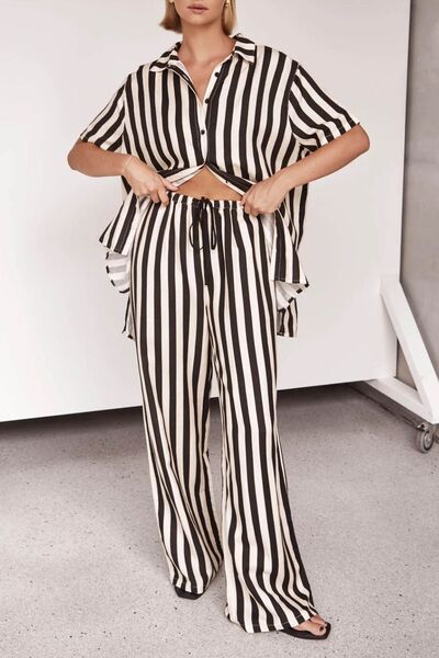 Celeste® | Striped top and pants set with a mid-length collar and collar