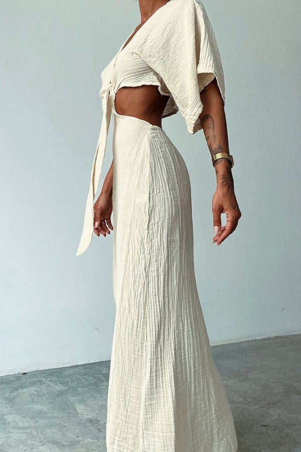 Elda® | Lace-up cotton and linen dress with exposed waist