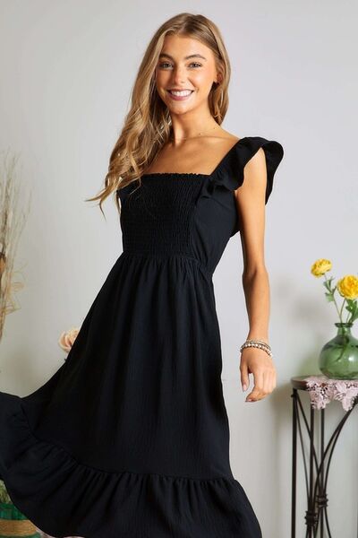 Arden® | Smocked ruffled dress with cap sleeves and square neckline