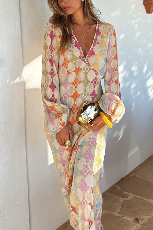 Adriana® | V-Neck Lantern Sleeves Geometric Print Maxi Dress
