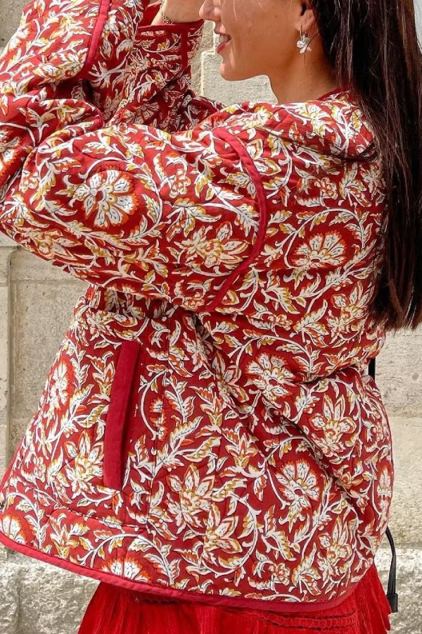 Doris® | V-neck Floral Print Loose Quilted Cotton Jacket