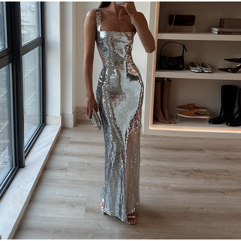 Edith® | Charming Sequin Sling Square Collar Backless Dress Skirt