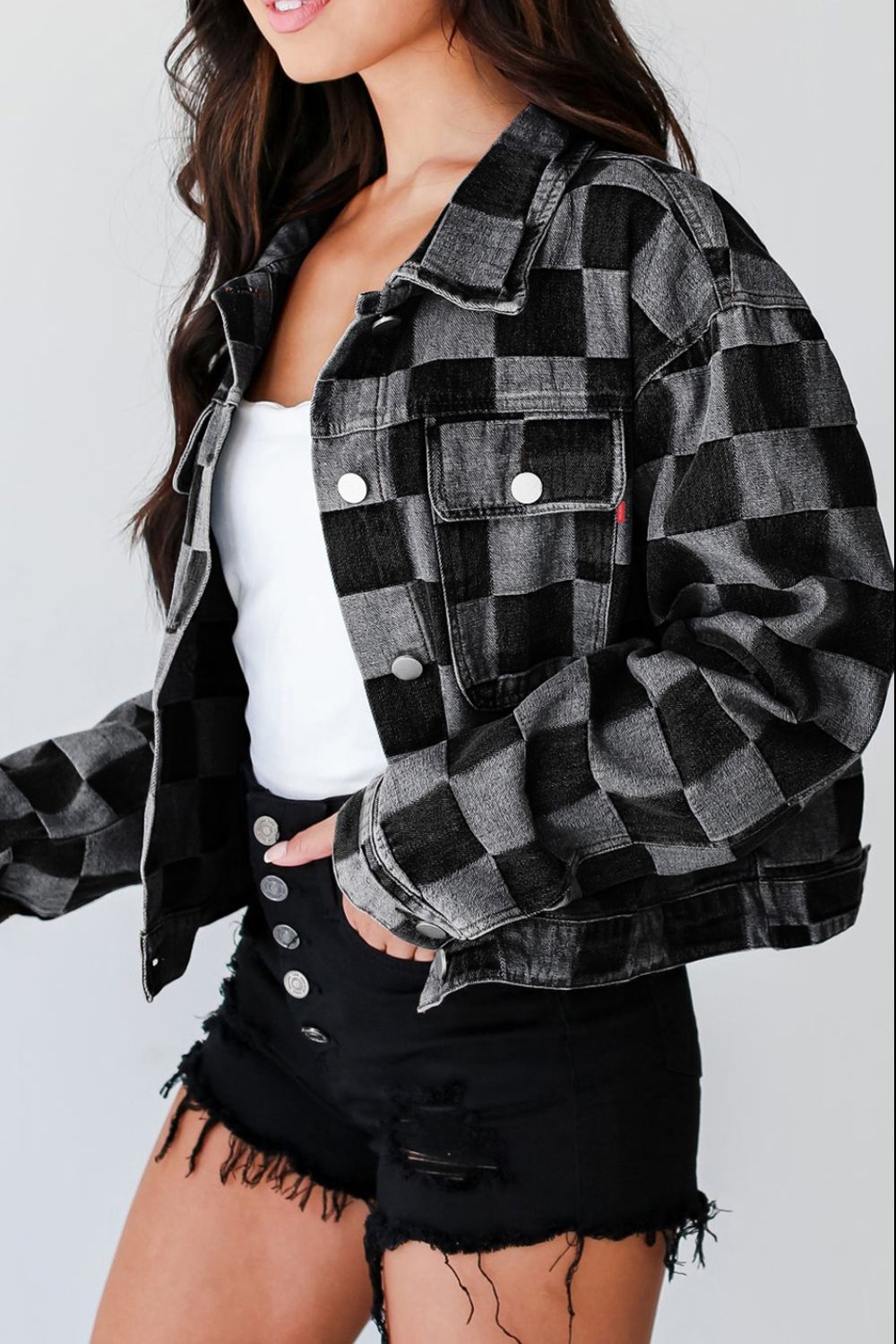 Alicia® | Checked denim jacket with buttons