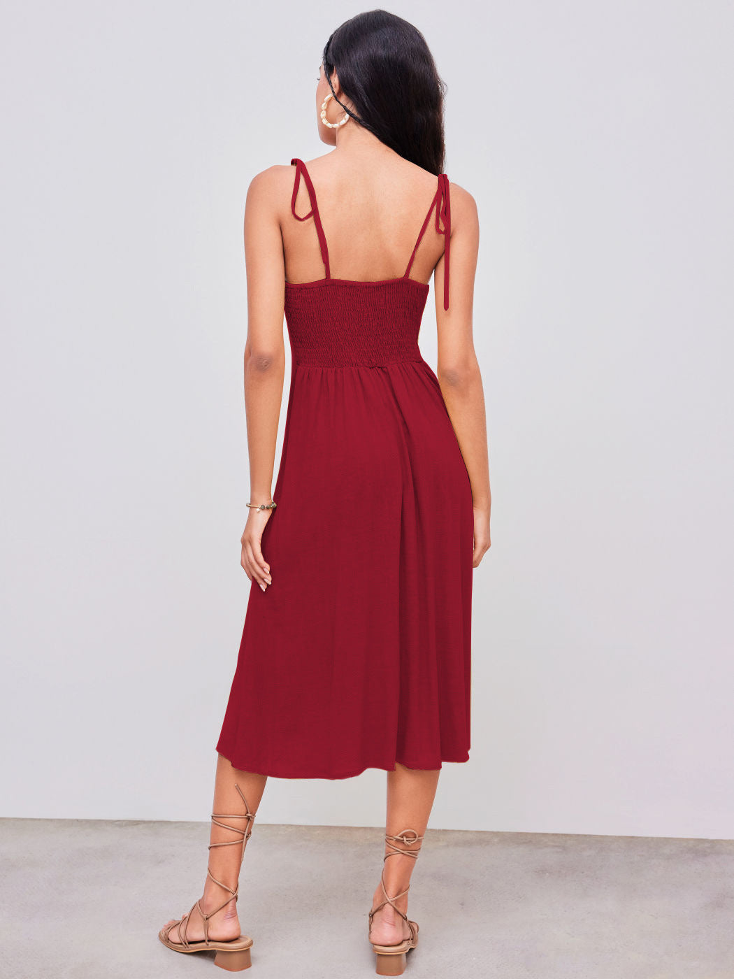 Elena® | Red elegant casual long dress with buttons.