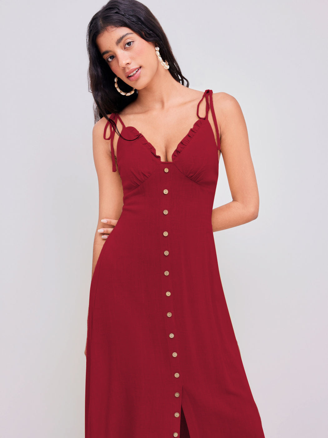 Elena® | Red elegant casual long dress with buttons.