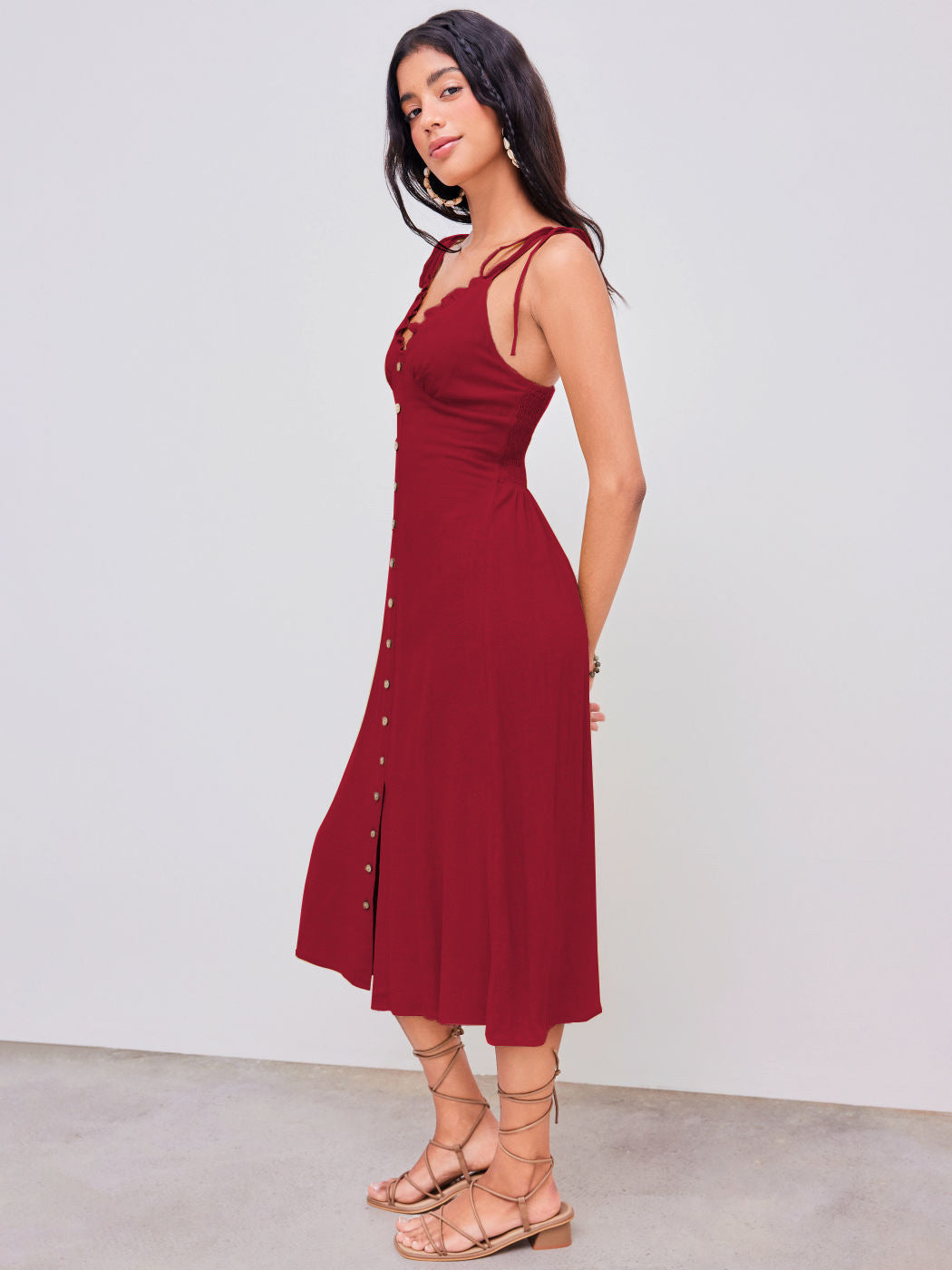 Elena® | Red elegant casual long dress with buttons.