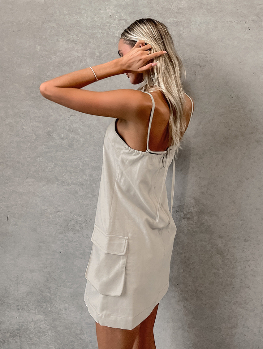 Cecilia® | Khaki linen midi dress with straps