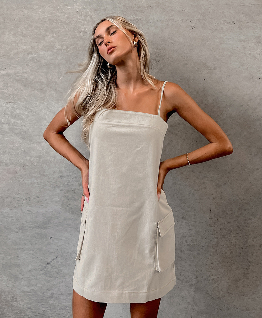 Cecilia® | Khaki linen midi dress with straps