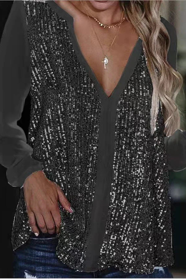 Bub® | Long Sleeve Sequin V-Neck Blouse