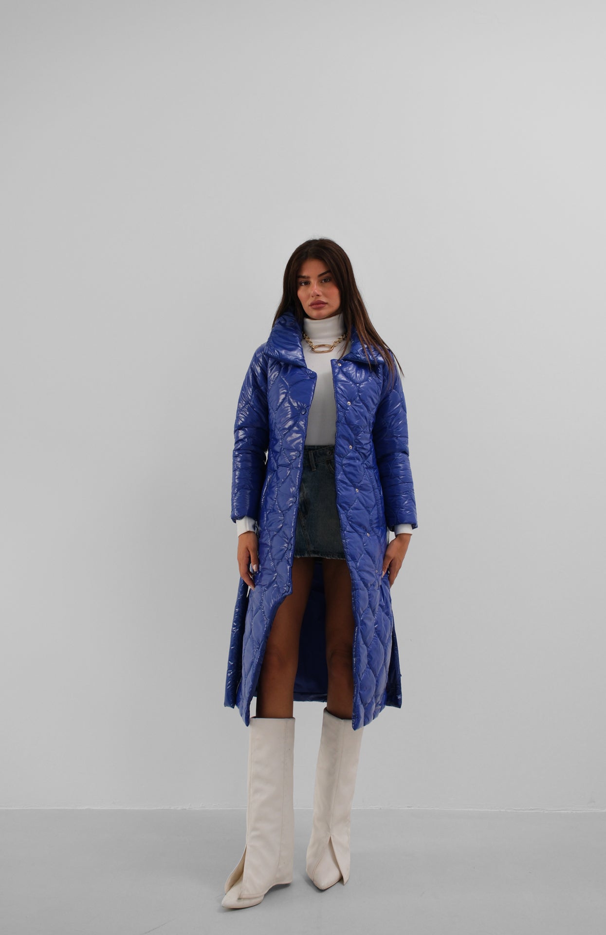 Elisa® | Women's leather maxi puffer jacket with belt blue
