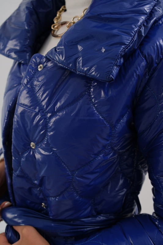 Elisa® | Women's leather maxi puffer jacket with belt blue
