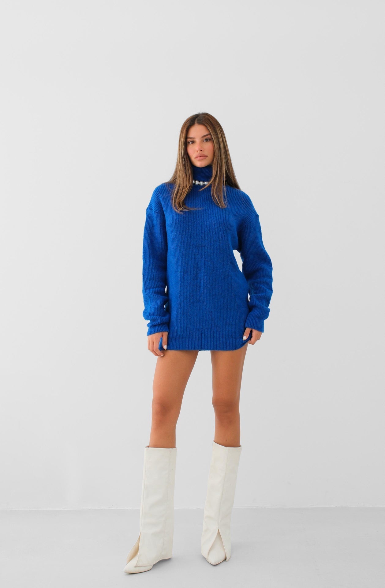 Belen® | Oversized turtleneck tunic for women made of knitted material in blue
