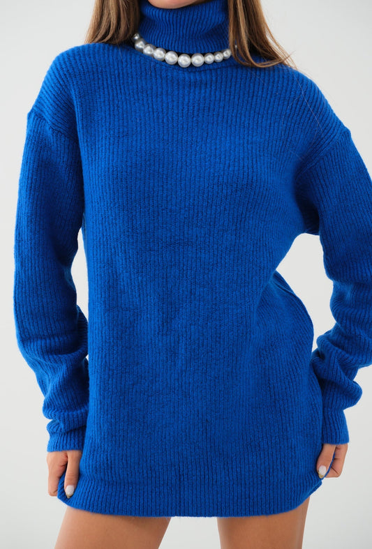 Belen® | Oversized turtleneck tunic for women made of knitted material in blue