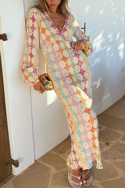 Adriana® | V-Neck Lantern Sleeves Geometric Print Maxi Dress