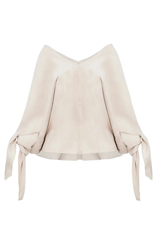 Edith® | Joyful Bond Linen Blend V-neck Knotted Cuff Half Sleeve Loose Top