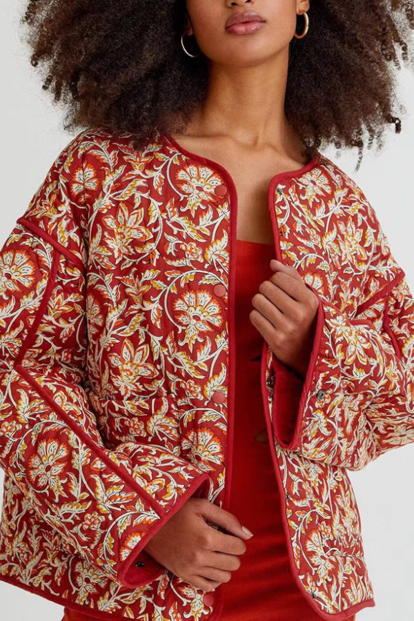 Doris® | V-neck Floral Print Loose Quilted Cotton Jacket