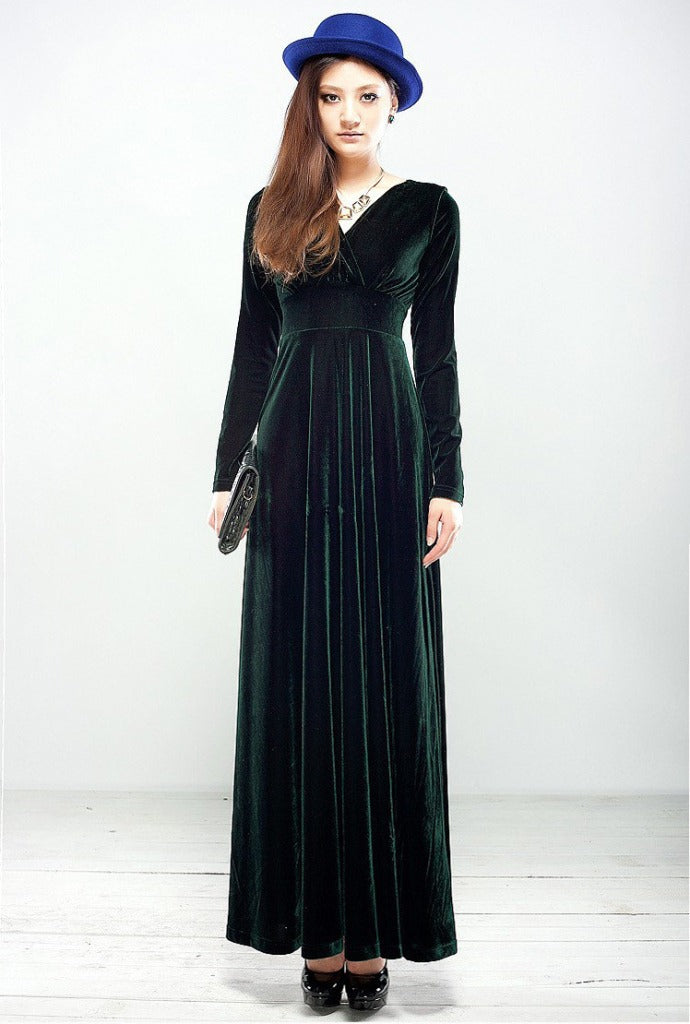 Women’s Evening Dress – Velvet – Wrap Bodice – V-Neck – Long Sleeve – Floor Length