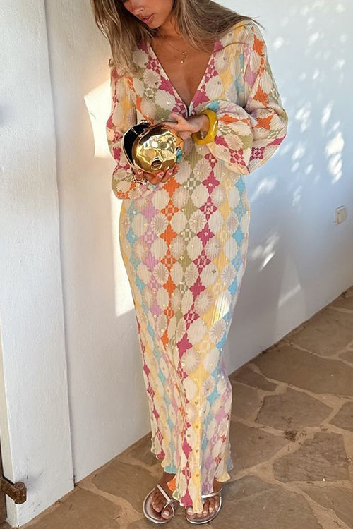 Adriana® | V-Neck Lantern Sleeves Geometric Print Maxi Dress