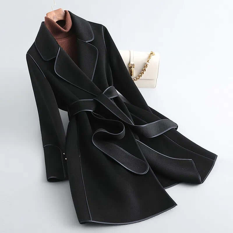 Women’s Wool Coat – Tailored Fit – Wrap Style Belted – Notched Lapel – Full Length