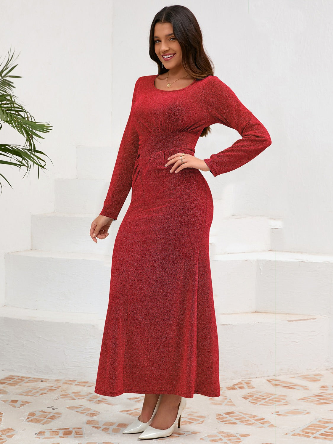 Brenda® | Ruched, long-sleeved dress with a round neckline