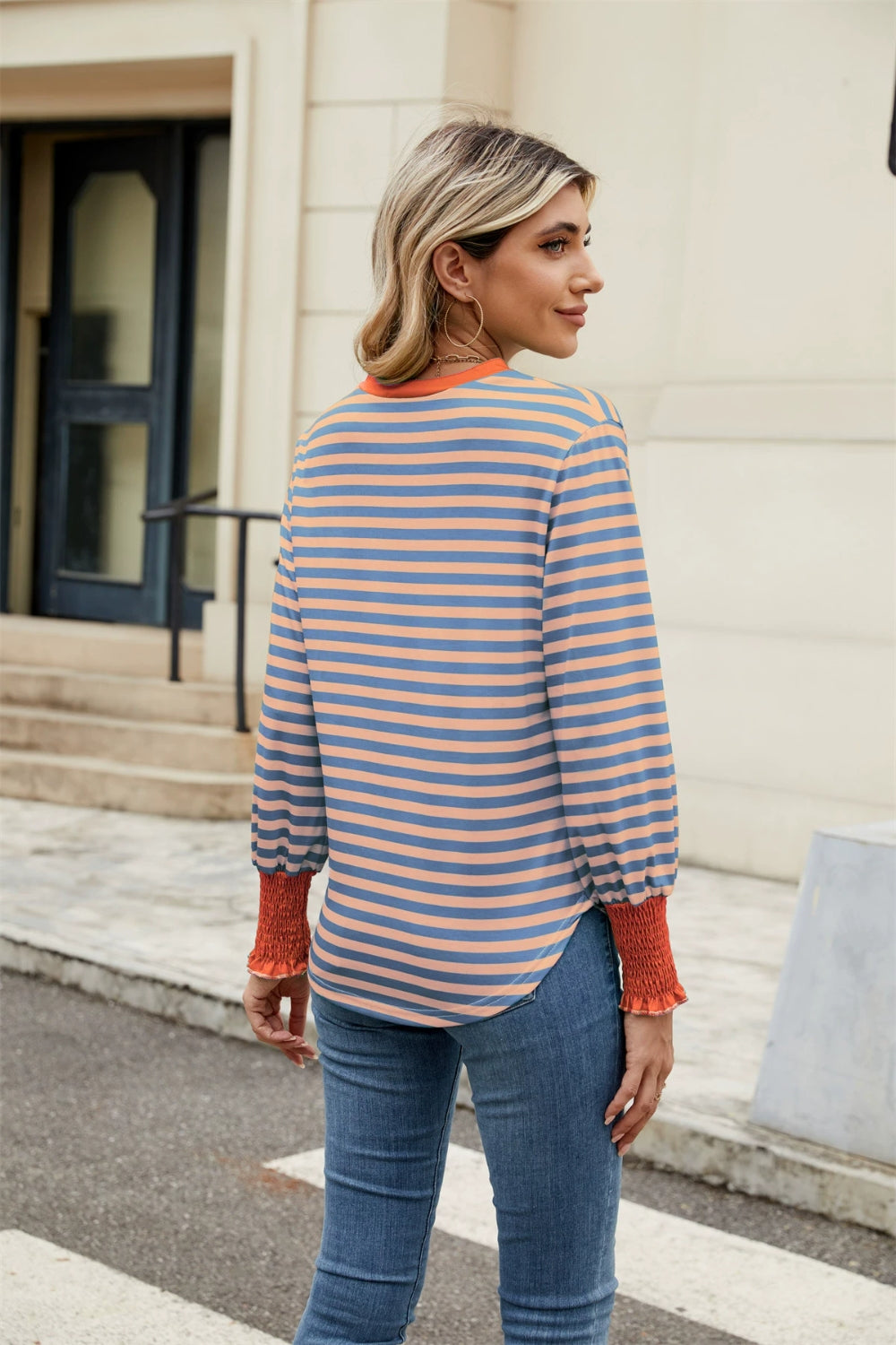 Elena® | Contrast striped long sleeve top with notches