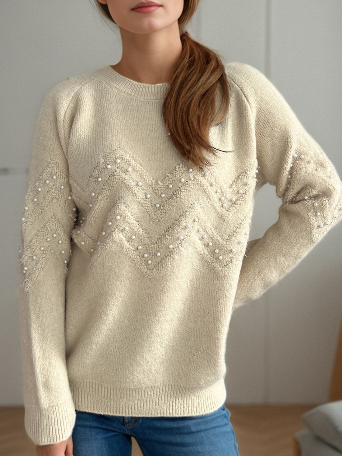 Concepcion® | Round neck sweater with raglan sleeves and pearl trim