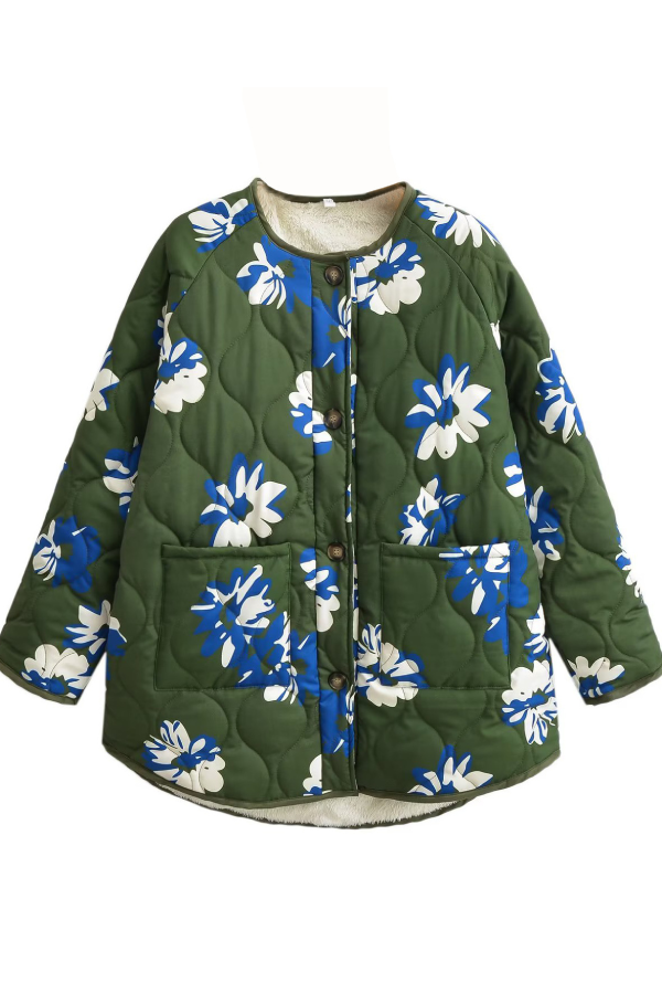 Delia® | Floral Printed Round Neck Single Breasted Thin Cotton Jacket