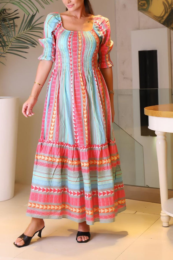 Brigitte® | Mint short sleeve patterned long gimped dress