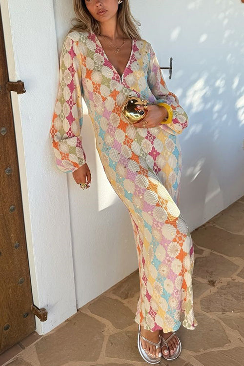 Adriana® | V-Neck Lantern Sleeves Geometric Print Maxi Dress
