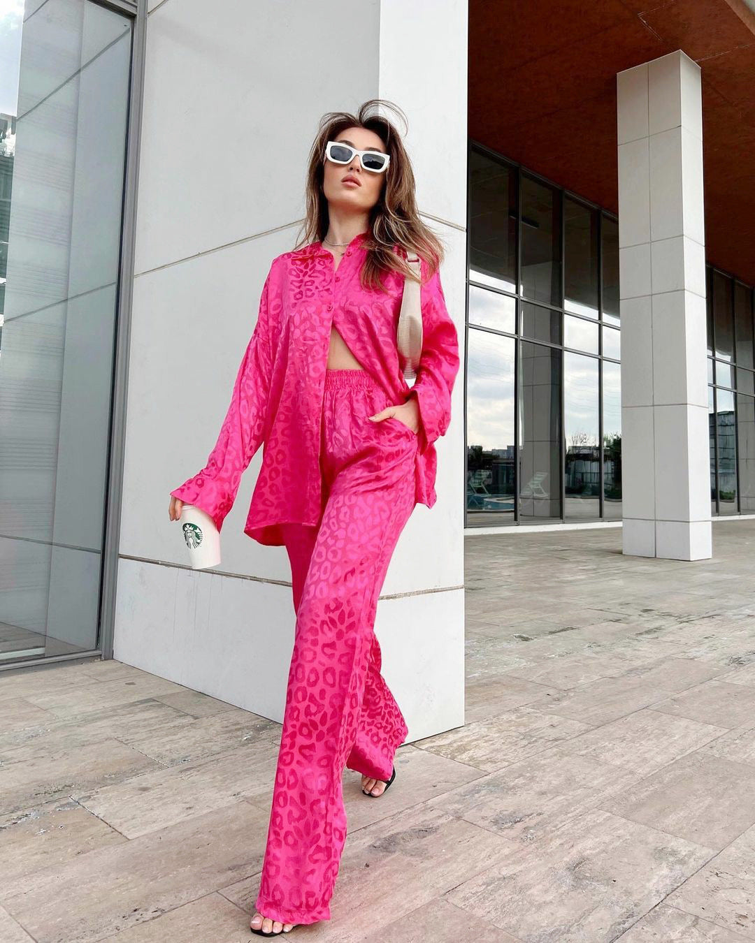 Clara® | Leopard print satin shirt and pants set